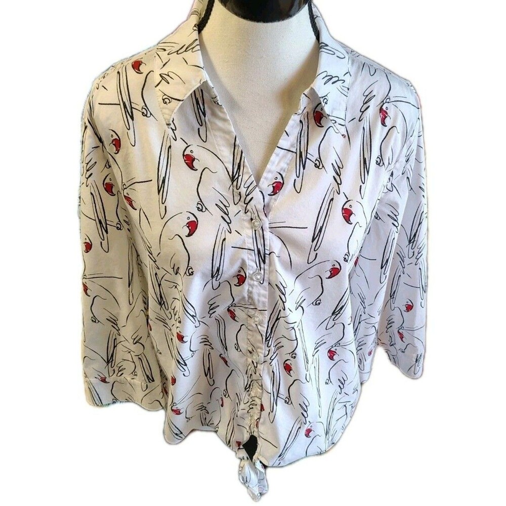 Chico's Blouse Size 1 US M Parrot Print 3/4 Sleeve Tie Button Cotton - Picture 2 of 7